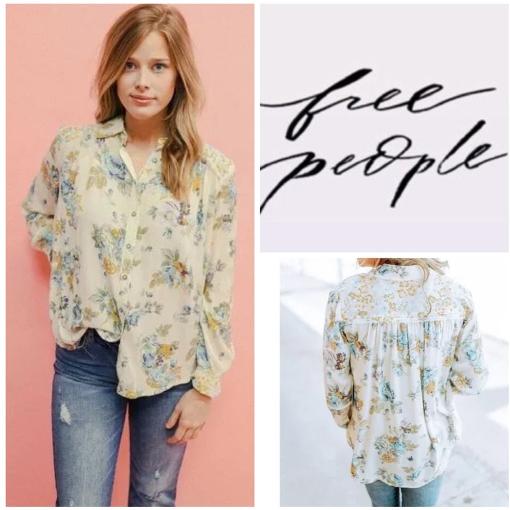 🆕Free People Hold On To Me Contrast Floral Print Button Ivory Blouse.  NWOT